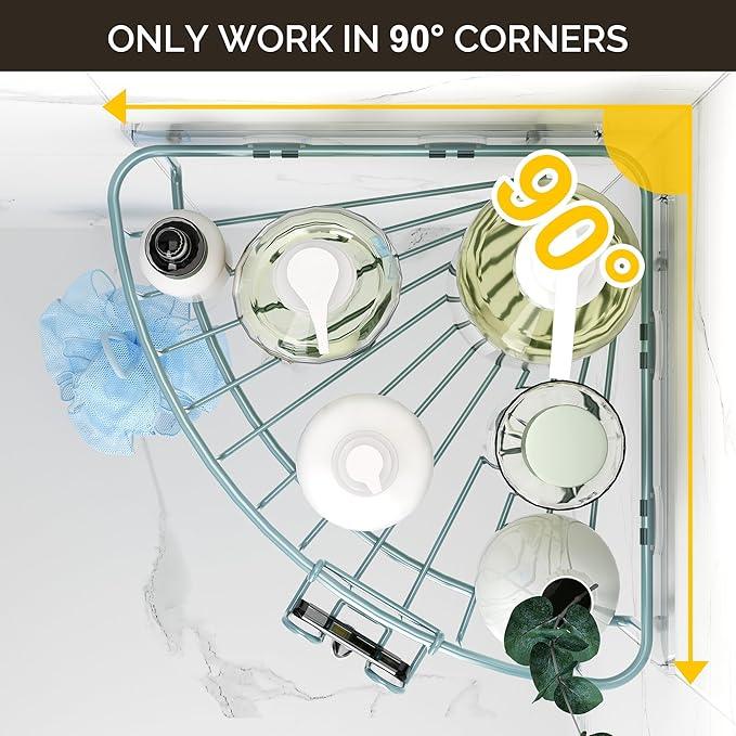 Orimade Corner Shower Caddy with 2 Hooks Wall Mounted Metal Bathroom Shelf Storage Organizer Adhesive No Drilling 2 Pack, Blue Only for 90-Degree Corner - ModernBath