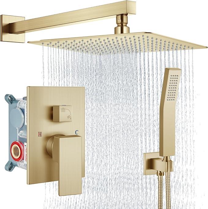 Aolemi Shower Faucet Set Rain Shower System with Handheld Spray Bathroom Shower Combo Rough-in Valve and Shower Trim Kit Included Brushed Gold 16 Inch Wall Mount Shower Head - ModernBath