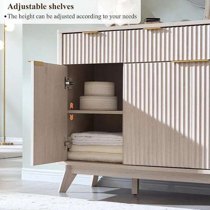 OKD Fluted Storage Cabinet with Drawers, 60" Morden Buffet Sideboard Coffee Bar Cabinet with 4 Doors and 3 Drawers for Dining Room, Living Room,Hallway (White Alder) - ModernBath
