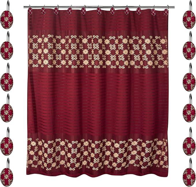 Zahari Home 13pc Elegant Rose Bathroom Shower Curtain Sets Elegant Shower Curtain & 12 Shower Curtain Rings Contemporary Decor Burgundy Shower Curtain Unique Design Stylish Shower Accessories - ModernBath