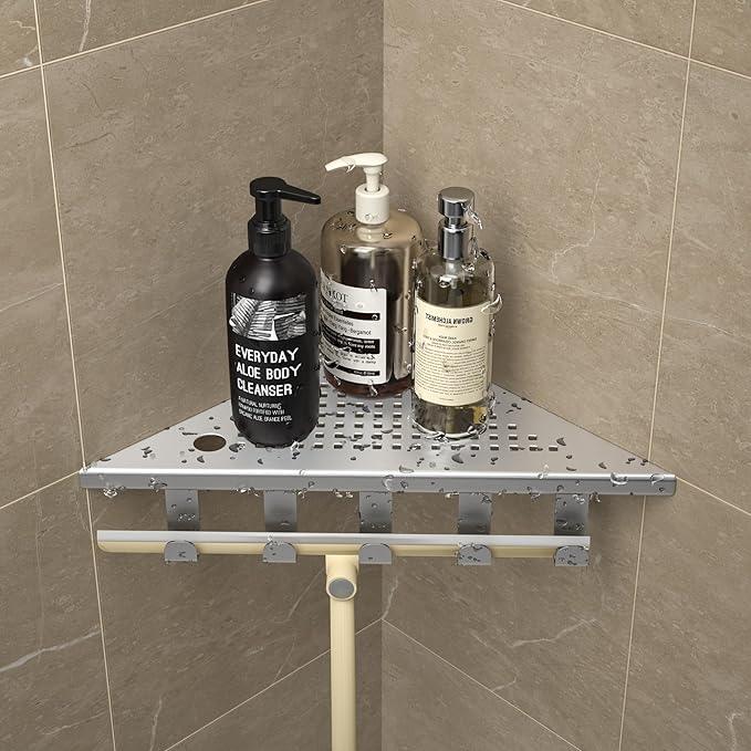 Grout in Shower Shelves with Hooks, 304 Stainless Steel Corner Bathroom Shelf for Tiled Wall (Brushed, 10'' x 10'') - ModernBath