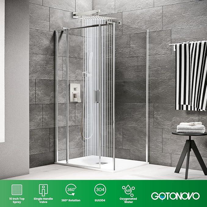 gotonovo Rainfall Bathroom Shower System Rain Shower Head and Handle Set Wall Mounted Shower Complete Combo Solid Brass Pressure Balancing Shower Mixer Valve 10 Inch Brushed Nickel - ModernBath