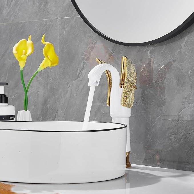 GGStudy Swan Shape Single Handle 1Hole Bathroom Vessel Sink Faucet Deck Mount Lavatory Sink Faucet Gold Mixed White - ModernBath