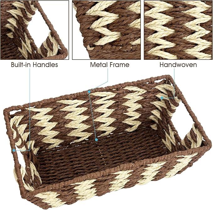 Paper Rope Storage Baskets for Shelves Organizing, Small Hand Woven Wicker Organizer Basket with Handle for Bathroom Toilet Paper Storage, Beige and Brown, 3-Pack - ModernBath