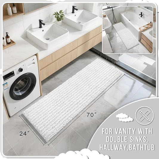 Yimobra Bathroom Runner Rug 70x24 Inch - Extra Long Non Slip Chenille Bath Mat, Soft & Absorbent, Machine Washable Shaggy Hallway Carpet for Vanity Tub Shower, White Home Decor Accessories - ModernBath