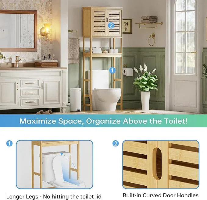 SMIBUY Bathroom Over The Toilet Storage Cabinet, 2 Door Bamboo Cabinet Organizer, Freestanding Space Saver Toilet Rack with Adjustable Inside Shelf and Open Shelf (Natural) - ModernBath