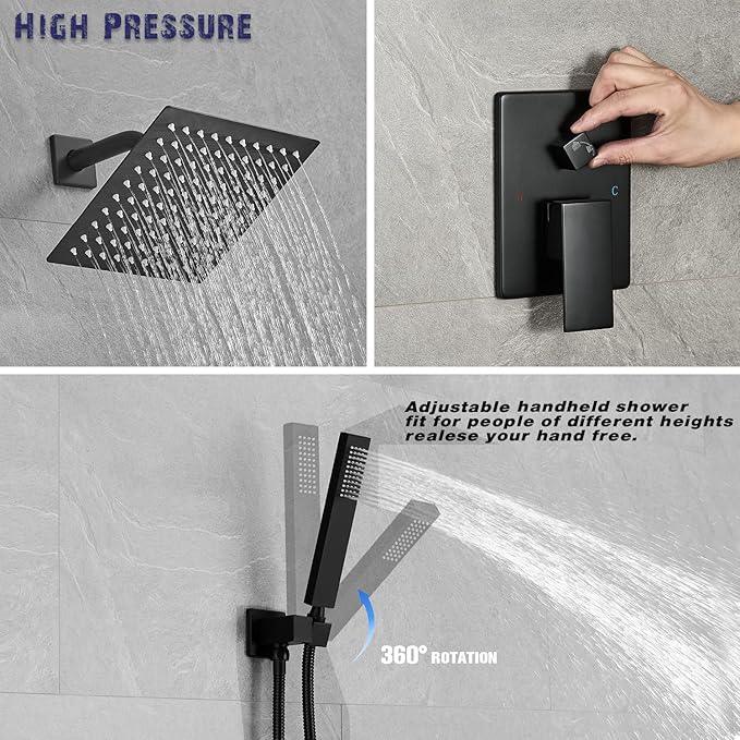 annazom Shower Faucet Set Rain Shower System Matte Black with High Pressure 8-Inch Shower Head Handheld Square Shower Head Bathroom Luxury Rain Shower Faucet Shower Complete Combo Kit Wall Mounted - ModernBath