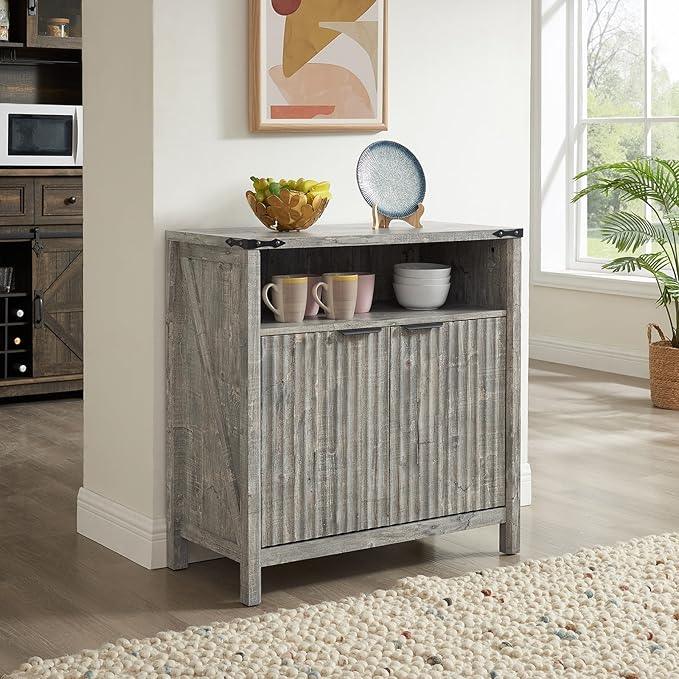 Buffet Cabinet with Storage - Modern Farmhouse Rustic 32 Fluted Sideboard Storage Cabinet Buffet with Adjustable Shelves, Coffee Wine Bar Organizer for Dining Room (Grey) - ModernBath