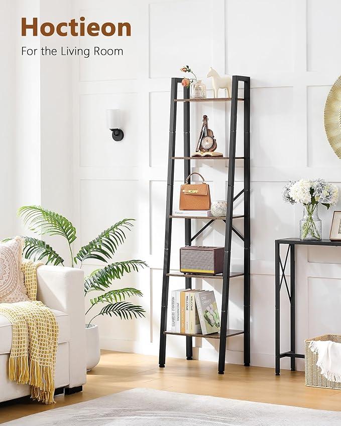 Hoctieon 5-Tier Industrial Ladder Bookshelf, Narrow Ladder Shelf, Tall Standing Bookshelf, Skinny Open Ladder Shelf, for Living Room, Home Office, Kitchen, Bedroom, Metal Frame, Greige - ModernBath