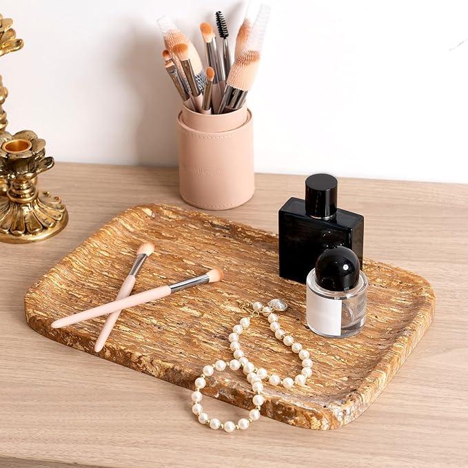 Karibiber Natural Marble Vanity Tray, 11.8" Travertine/Stone Bathroom Tray Countertop, Golden Stone for Perfume Jewelry Holder, Decorative Dresser Organizer, Storage for Kitchen Sink(Walnut Traver) - ModernBath