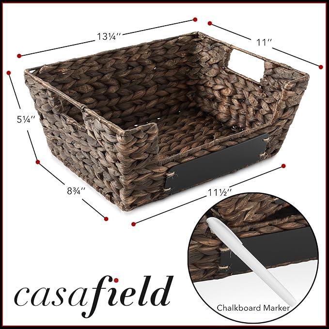 Casafield Set of 2 Water Hyacinth Pantry Baskets with Handles, Chalkboard Labels, and Marker - Espresso, Wide Woven Storage Bin Organizers for Kitchen Shelves - ModernBath