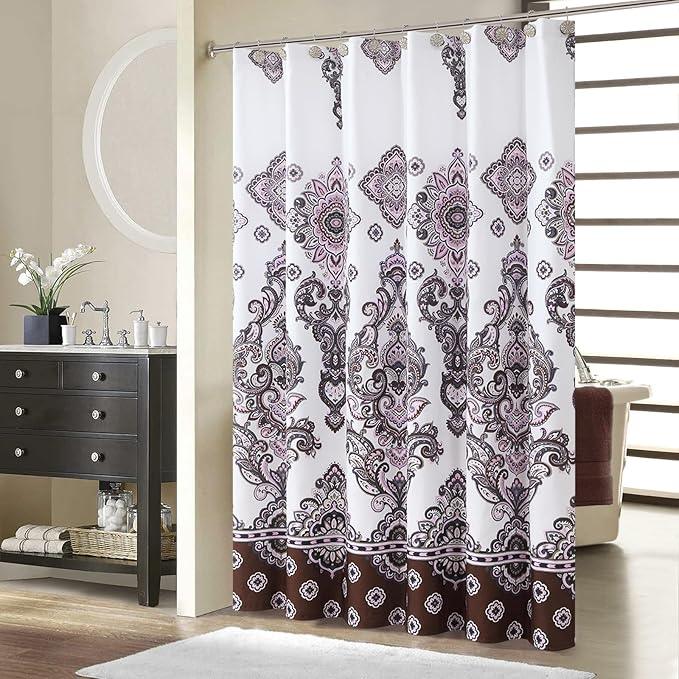 BESTRIPES Luxury Shower Curtain, White Bath Curtain with Baroque Brown & Pink Paisley Medallion Print, Waterproof Soft Polyester Fabric, 72" W x 72" H - ModernBath