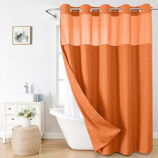 eachope Extra Long No Hooks Needed Linen Textured Shower Curtain with Snap-in Fabric Liner Set,White Hotel Luxury Decor Shower Curtains for Bathroom,Waterproof & Washable,71Wx86H,Burnt Orange - ModernBath