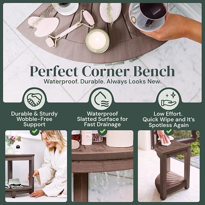 ROHKEX Corner Shower Stool - L-Shaped, Brown HDPE - Adjustable Non-Slip Legs & Corner Bench - Double-Layer Shelf & Shaving Stool - Protective Rubber Feet & Waterproof Bench Home Decor Gift Idea - ModernBath