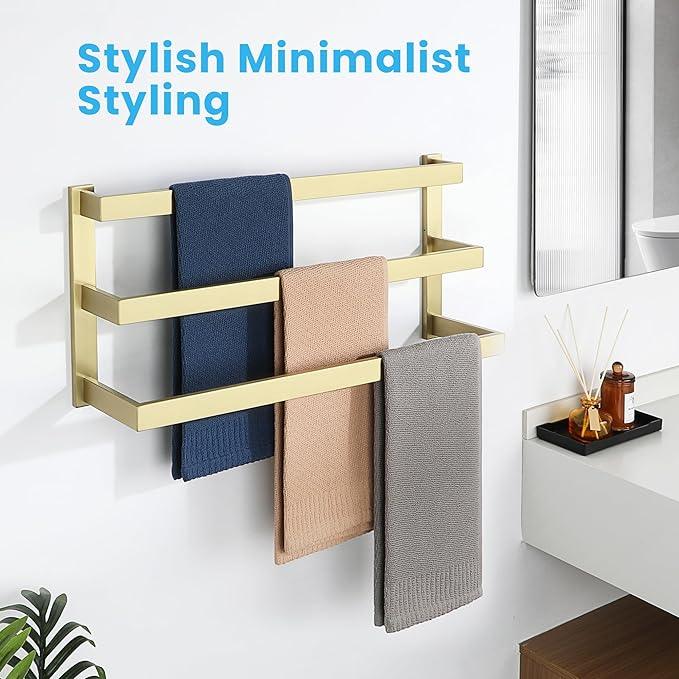 Alise 3-Layers Towel Bars for Bathroom Wall Mount,Brushed Gold Towel Holder Towel Racks for Bathroom Lavatory,SUS304 Stainless Steel Square Towel Rail Towel Hanger for Walls - ModernBath