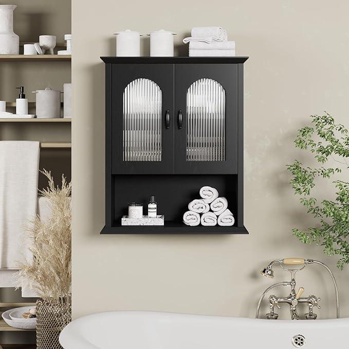 CJL Bathroom Wall Cabinet with Fluted Door, 18.9'' x 23.6'' Medicine Cabinet, Over The Toilet Storage Cabinet, Black - ModernBath