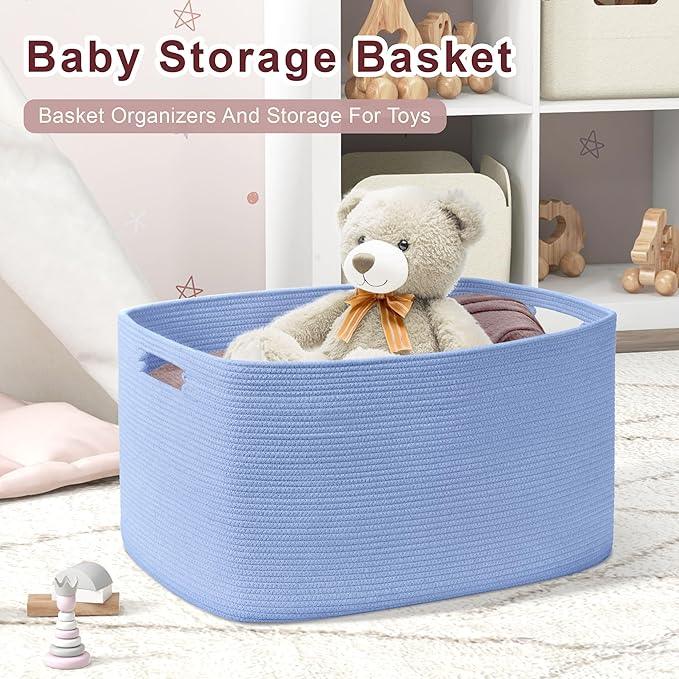 60L Small Baby Girls Laundry Basket for Nursery Storage,Cute Woven cotton Rope Baskets for Kids Toy，Gifts, Boho Square Wicker Blanket hamper for Living Room,Bedroom Dirty Clothes,Blue Purple - ModernBath