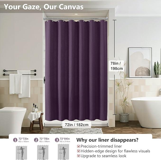 Luxury 3 in 1 Shower Curtain Set 3D Textured Waffle Weave Bathroom Curtain with Waterproof SGS Certified Fabric Liner & 12 Anti-Fall Stainless Steel Hooks, Machine Washable 72"x78" (Purple) - ModernBath