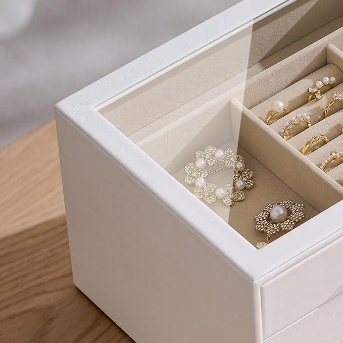 pickpiff Jewelry Box Organizer Case for Women: 3-Layer Jewelry Storage Case with Glass Window, Pure White Leather with Velvet Holder for Ring Necklace Bracelet Brooch Watch, Great Gift for Her - ModernBath