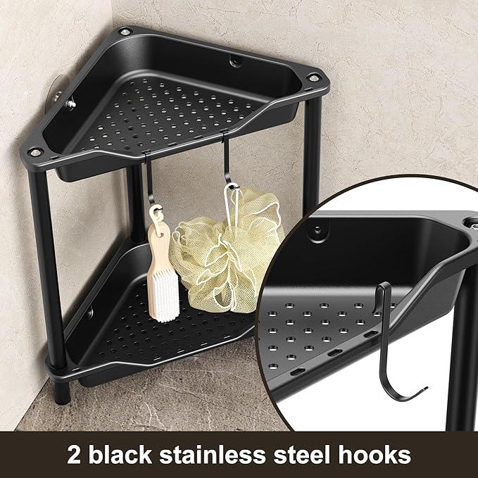 Orimade Rustproof 2 Tier Floor Standing Corner Shower Caddy Organizer, Plastic Metal Splicing Floor Corner Shelf Rack Stands for Bathroom, Black - ModernBath