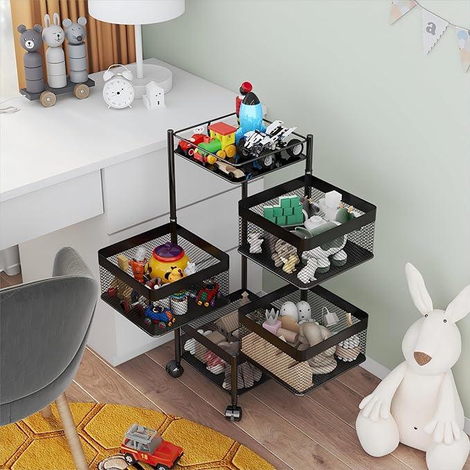 Rotating Kitchen Storage Rack，Bathroom Shelf，Kitchen Organization and Storage，Bathroom Storage Organizer，Fruit Basket，Rolling Carts with Wheels(Black, 4 Tier-Square) - ModernBath