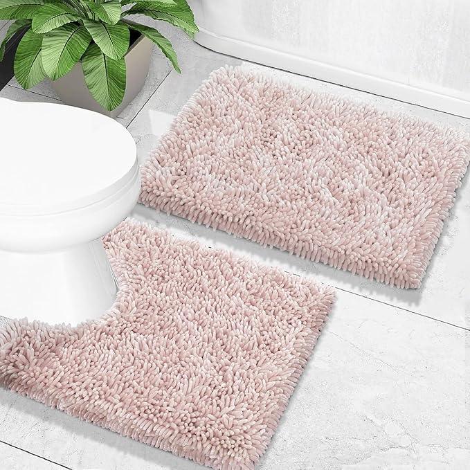 Yimobra Toilet Rugs U Shaped Washable, Extra Thick Soft Absorbent Chenille Contour Bathroom Rugs for Toilet 24x24 Inch, Quick Dry Non Slip Toilet Mat for Bath Floor, Pink - ModernBath