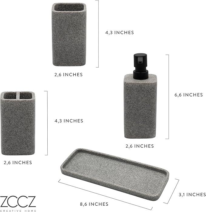 ZCCZ Grey Bathroom Accessory Sets, 4 Pieces Bathroom Accessories Complete Set Vanity Countertop Accessory Set, Includes Lotion Dispenser Soap Pump, Tumbler, Toothbrush Holder and Tray - ModernBath