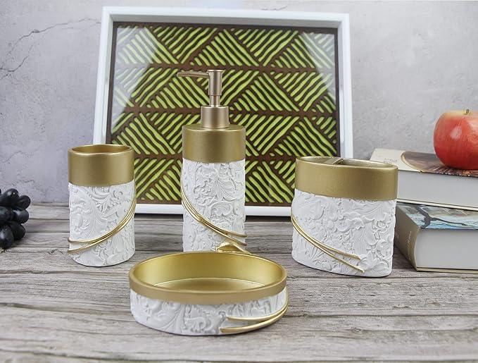 Hymmah Bathroom Accessories Set,Golden Design Toothbrush Holder,Farmhouse Bathroom Decor,4 Pcs Resin Gift Set Apartment Necessities, Contain Toothbrush Cup,Soap Dispenser,Soap Dish,Tumbler - ModernBath