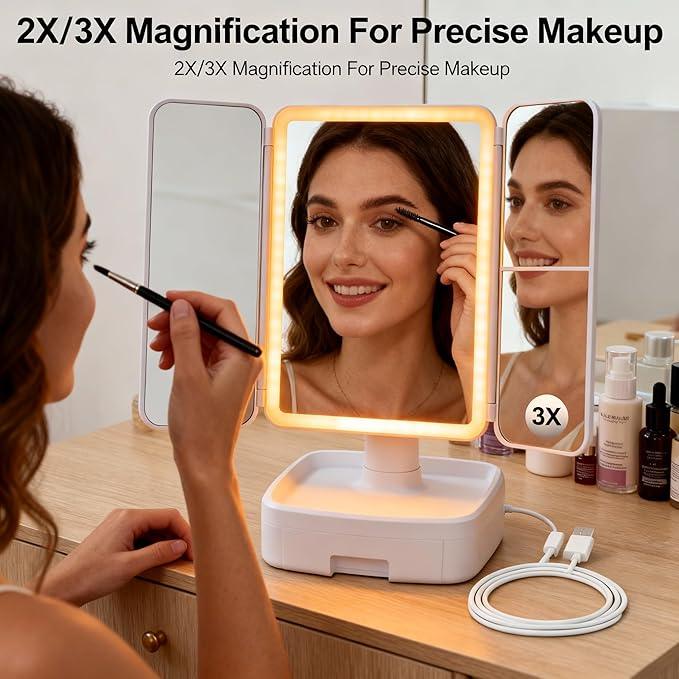 Makeup Vanity Mirror with Light, Triple Magnification (1X/2X/3X) with Storage, Touch Control and 3-Color dimming Lighting, Portable Travel Trifold Mirror，Gift for her - ModernBath