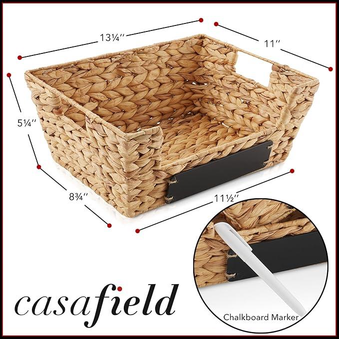 Casafield Set of 2 Water Hyacinth Pantry Baskets with Handles, Chalkboard Labels, and Marker - Natural, Wide Woven Storage Bin Organizers for Kitchen Shelves - ModernBath