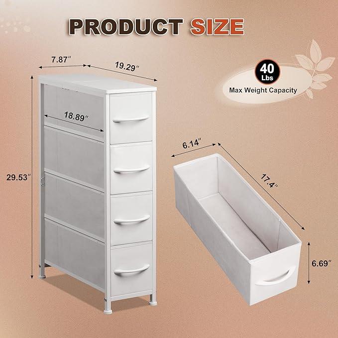 Narrow Dresser Storage Tower with 4 Drawers, Slim Dresser Chest of Drawers with Steel Frame, Wood Top, Dresser for Bedroom, Bathroom, Small Spaces, Laundry, Closet (White) - ModernBath