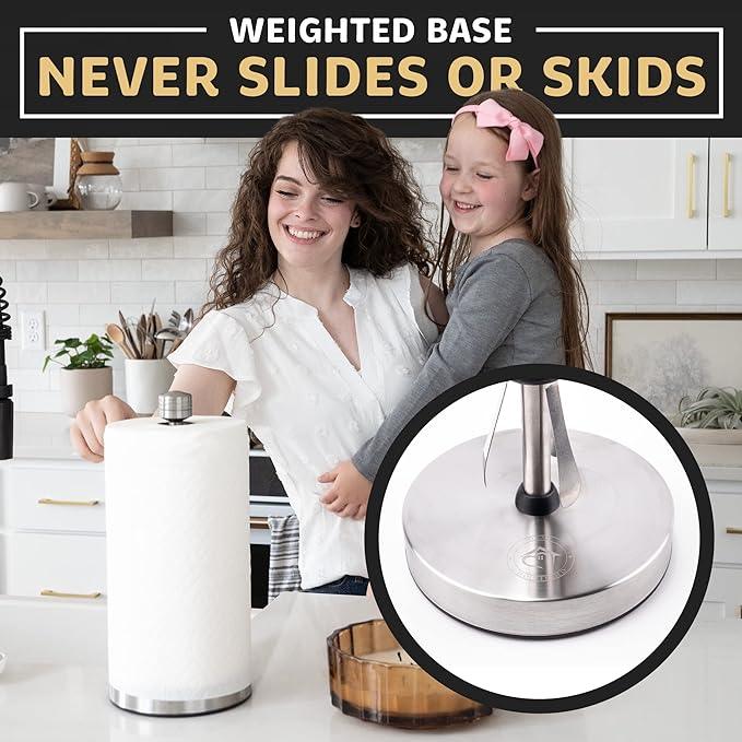 Dear Household Stainless Steel Paper Towel Holder Easy One-Handed Operation - This Sturdy Weighted Paper Towel Dispenser Countertop Model Has Suction Cups and Holds All Paper Towel Rolls - Silver - ModernBath