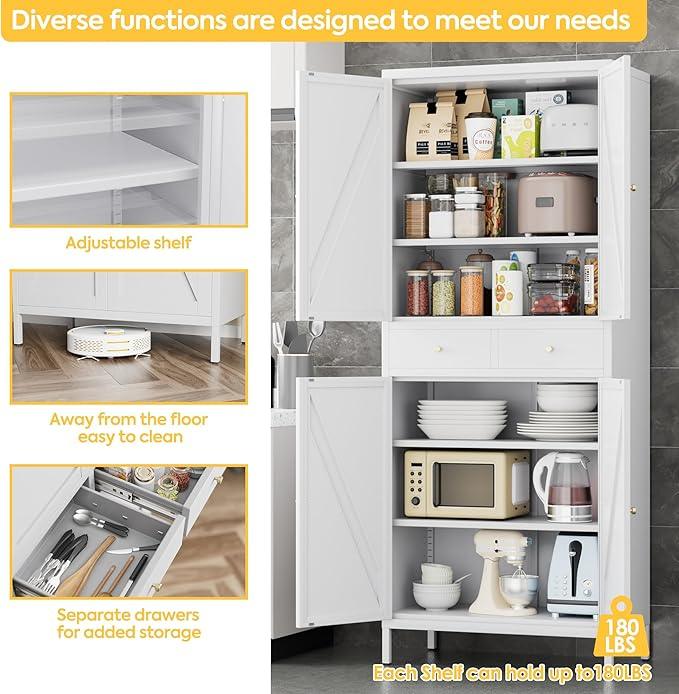 72.9" H Metal Pantry Cabinet, 4 Doors Kitchen Pantry Storage Cabinets with 2 Drawers, for Home Office Bathroom, Required Assembly, White - ModernBath