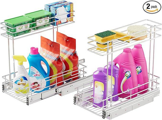 Under Sink Organizer 9" W X17 D, Pull Out Cabinet Organizer 2 Tier, Under Sink Slide Out Chrome Plated, Under Kitchen Bathroom Sink Organizer, Pantry Cabinet Closet Organization Rack, 2 Pack - ModernBath