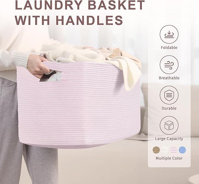 86L Large Baby Girls Laundry Basket for Nursery Storage,Cute Woven cotton Rope Baskets for Kids Toy，Gifts, Boho Square Wicker Blanket hamper for Living Room,Bedroom Dirty Clothes,Pink - ModernBath