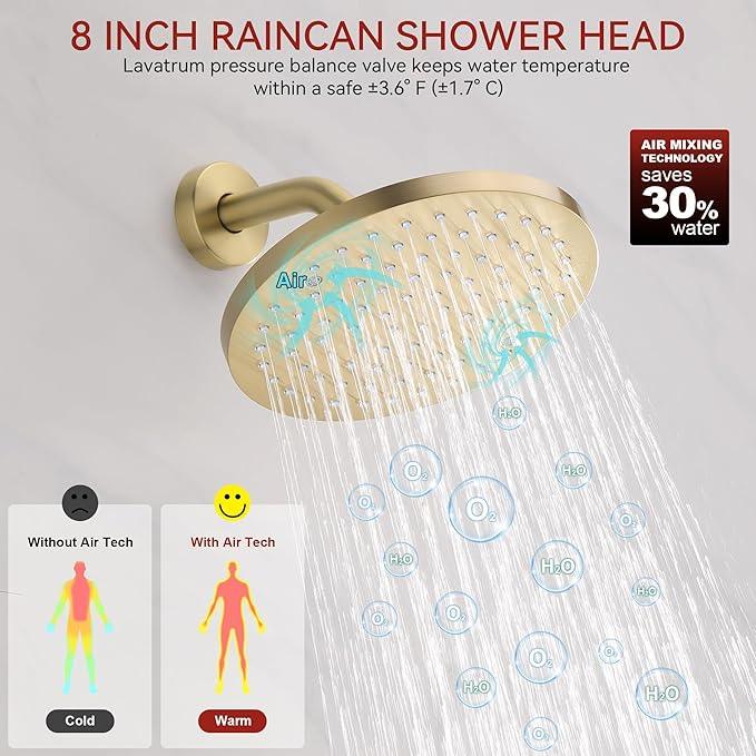 Lavatrum Brush Gold Shower Head and Handle Set Single Spray Premium Wall Mount 8 Inch Rainfall Round Shower Faucet with Rough-in Valve and Trim Kit for Bathroom（1.8GPM) - ModernBath