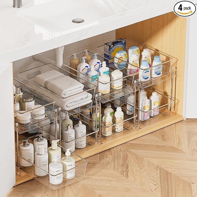 Vtopmart 4 Pack Bathroom Organizer, 2 Tier Clear Under Sink Organizers Vanity Countertop Storage Container,Cabinet Drawers Bins, Pull-Out Organization with Track for Pantry, Kitchen - ModernBath