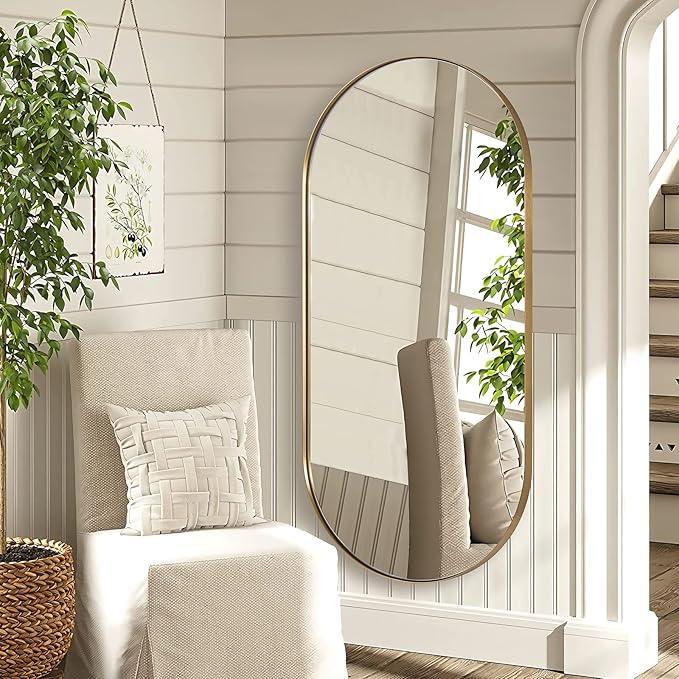 ANDY STAR Gold Bathroom Mirror 60 x 30 Inch, Full Length Mirror, Oval Vanity Mirror, Pill Shaped Mirror in Stainless Steel 1’’ Deep Wall Mounted Vertical/Horizontal - ModernBath