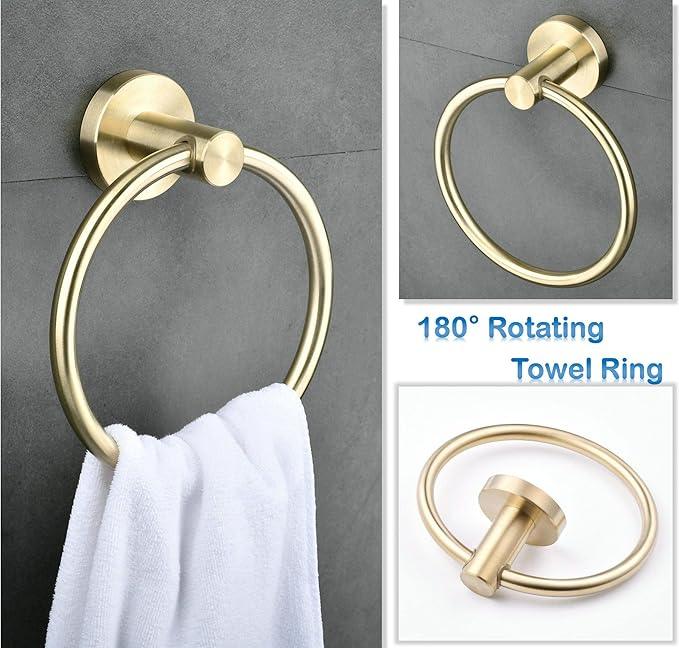 SHUNLI 5 Pieces Bathroom Accessories Hardware Set (Adjustable Towel Bar 16 to 26 Inch, Toilet Paper Holder, Towel Ring, 2PCS Hook) Brushed Gold Wall Mounted Bath Fixtures Set, SUS304 Stainless Steel - ModernBath