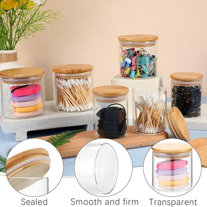 Dandat 6 Pack Glass Apothecary Jars with Lids Bamboo Bathroom Jars Cotton Ball Pad Round Swab Holder Dispenser Vanity Canisters for Countertop Storage Hair Ties Floss Organizer, 8.5 oz and 10.8 oz - ModernBath