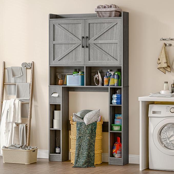 Over The Toilet Storage Cabinet, Farmhouse Toilet Cabinet Rack with Barn Doors, Space Saving Bathroom Organizer with Shelves, Toilet Paper Holder and Towel Rack for Bathroom,Restroom,Laundry,Wash Grey - ModernBath