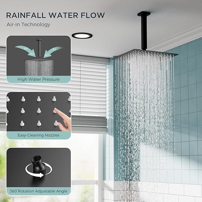 FORIOUS Shower Head System, 10 Inch Rain Shower Faucet Set with Handheld Spray Combo Rough-in Valve, Solid Brass Pressure Balanced Valve Trim Kit, Ceiling Mount, Matte Black - ModernBath