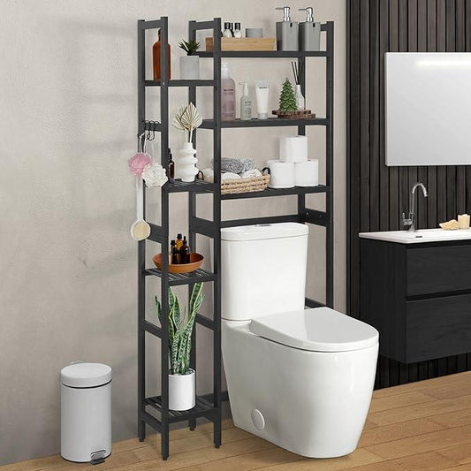 CAPHAUS Over -The -Toilet Storage Shelf,7-Tier Bamboo Bathroom Organizer Shelf Rack Over Toilet with Adjustable Feet & Hooks, Freestanding Toilet Shelf for Bathroom Laundry Balcony Plant Stand,Black - ModernBath