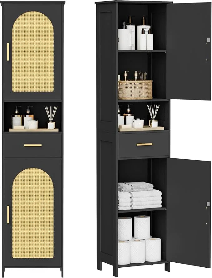 Homhedy 67"H Tall Bathroom Storage Cabinet with Rattan Decorated Door and Drawer, Narrow Storage Unit, Adjustable Shelves, Floor Cabinet for Bathroom, Living Room, Kitchen, Black and Natural, (15.7"W) - ModernBath