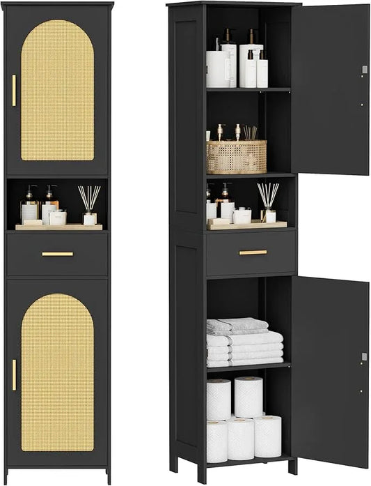 Homhedy 67"H Tall Bathroom Storage Cabinet with Rattan Decorated Door and Drawer, Narrow Storage Unit, Adjustable Shelves, Floor Cabinet for Bathroom, Living Room, Kitchen, Black and Natural, (15.7"W) - ModernBath