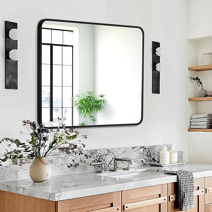 Bonverre 24x32 Inch Rectangle Bathroom Mirror with Black Metal Frame, Rounded Corner Rectangular Vanity Mirror for Wall, Modern Large for Bedroom, Living Room, Horizontal or Vertical - ModernBath