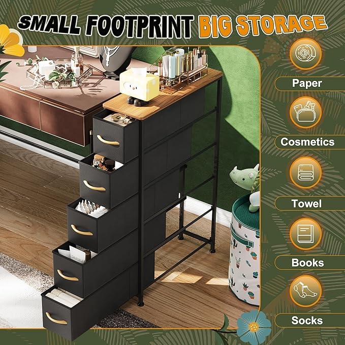 Narrow Dresser Storage Tower with 5 Drawers, Slim Dresser Chest of Drawers with Steel Frame, Wood Top, Dresser for Bedroom, Bathroom, Small Spaces, Laundry, Closet, Black - ModernBath
