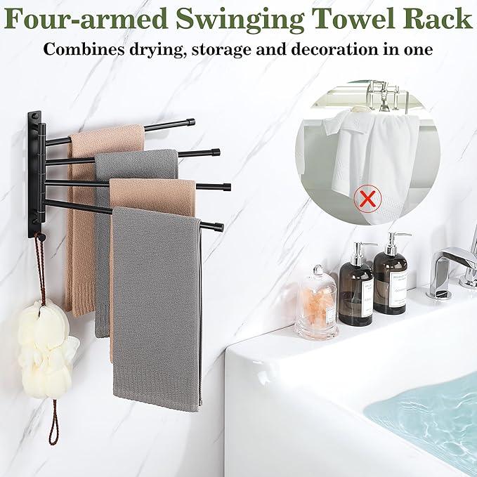 Alise Swivel Towel Rack, SUS304 Stainless Steel 4 Arms Towel Bar, Space Saving Swing Out Towel Bar with Hook, Towel Racks Wall Mounted for Bathroom, Matte Black - ModernBath