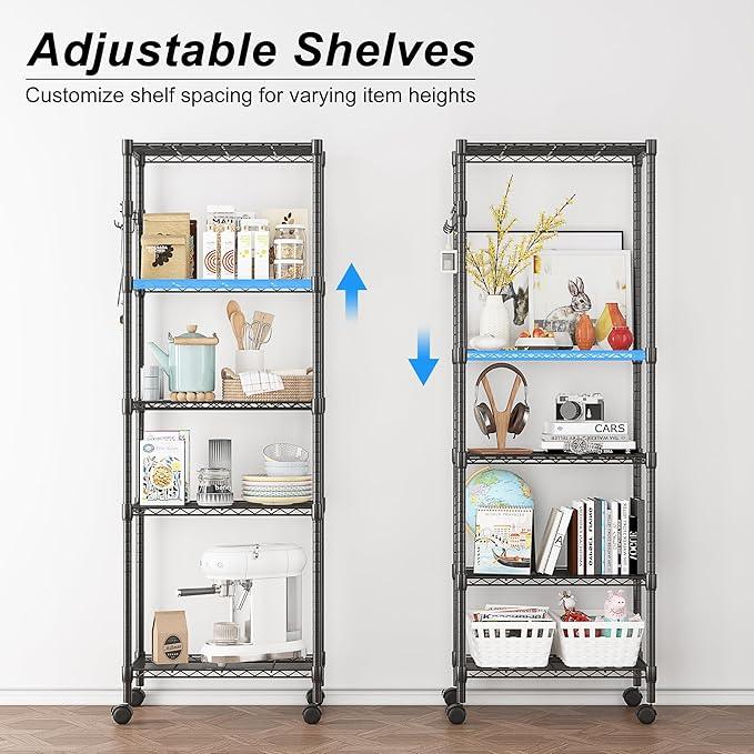 Homdox 5 Tier Wire Shelving Unit on Wheels, Adjustable Storage Racks and Shelving, Heavy Duty Rolling Metal Shelves with Side Hooks for Laundry Bathroom Kitchen Garage Pantry Organization, Black - ModernBath