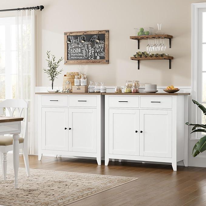 HORSTORS Kitchen Storage Cabinet, Modern Farmhouse Buffet Cabinet with Storage, Coffee Bar with 2 Drawers and 2 Doors, Floor Sideboard Buffet for Living Room, Dining Room, Bathroom, Ivory White - ModernBath
